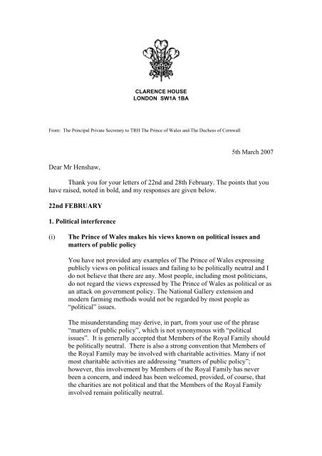 5th March 2007 Dear Mr Henshaw, Thank you for your letters of ...