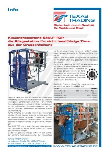 Klauenpflegestand SNAP TOP - Texas Trading GmbH