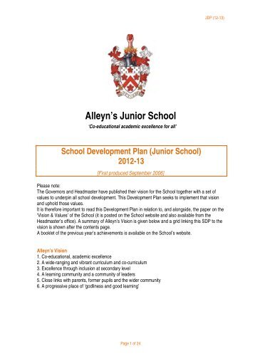 Alleyn's Junior School Development Plan 2012-13 - Alleyn's School