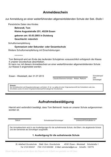 Anmeldeschein SI - Clees.rtm - SVWS-NRW