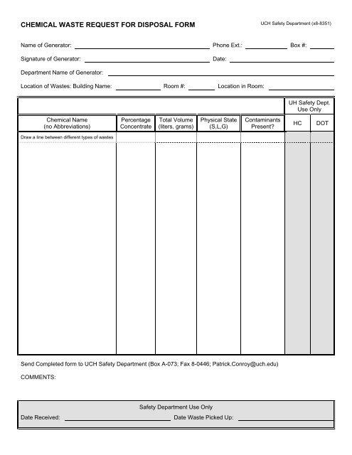 Chemical Waste Request For Disposal Form Department Of Pathology