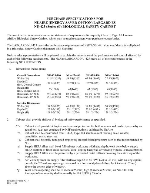 PURCHASE SPECIFICATIONS FOR NUAIRE ... - NuAire, Inc.