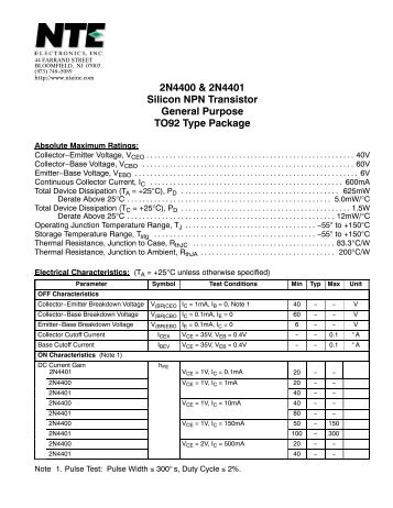 2N4400 & 2N4401 Silicon NPN Transistor General Purpose TO92 ...