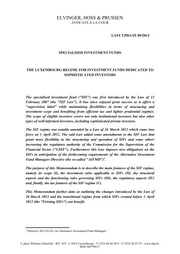 MEMO OPC SIF Memorandum on Specialised Investment Funds