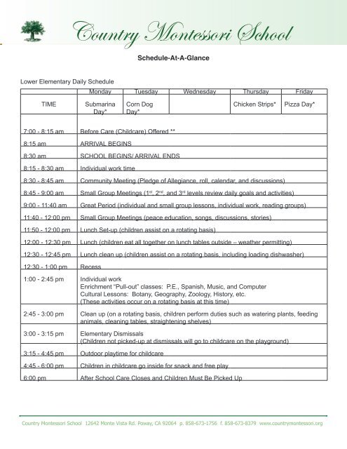 Lower Elementary Program Daily Schedule - Country Montessori ...