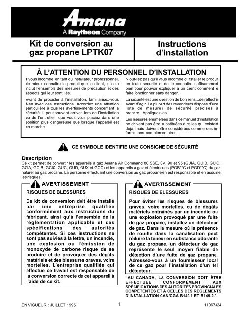 Kit de conversion au gaz propane LPTK07 Instructions d'installation