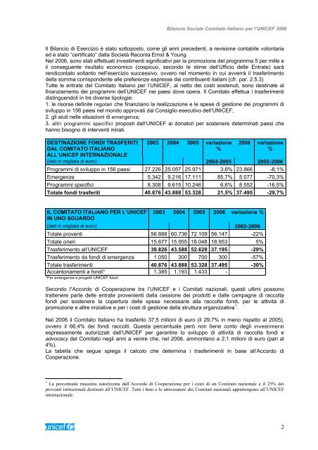 Bilancio Sociale UNICEF 2006 - Parte III "Rendiconto economico"