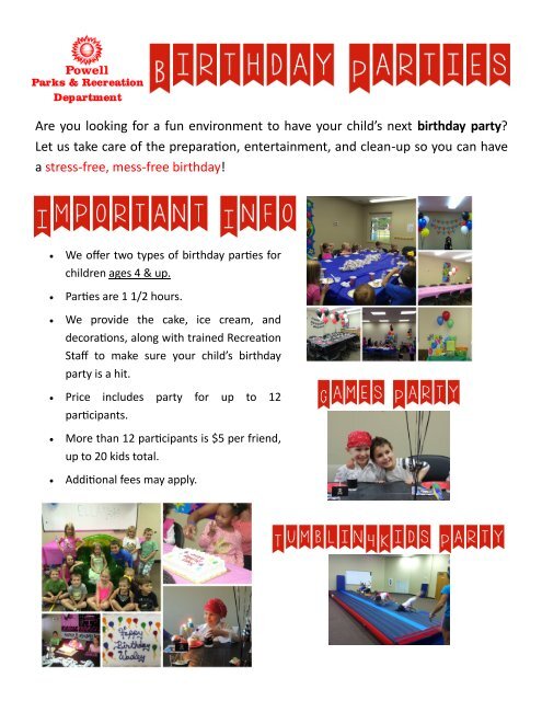 Details about Parks & Recreation Birthday Parties - The City of Powell