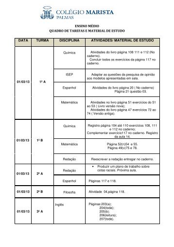 ensino mÃ©dio quadro de tarefas e material de estudo data turma ...