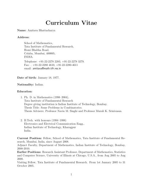 Curriculum Vitae - Tata Institute of Fundamental Research