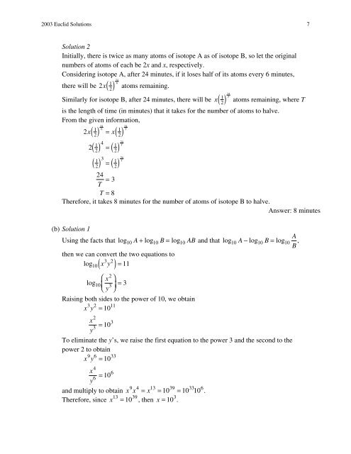 2003 Solutions Euclid Contest - CEMC - University of Waterloo