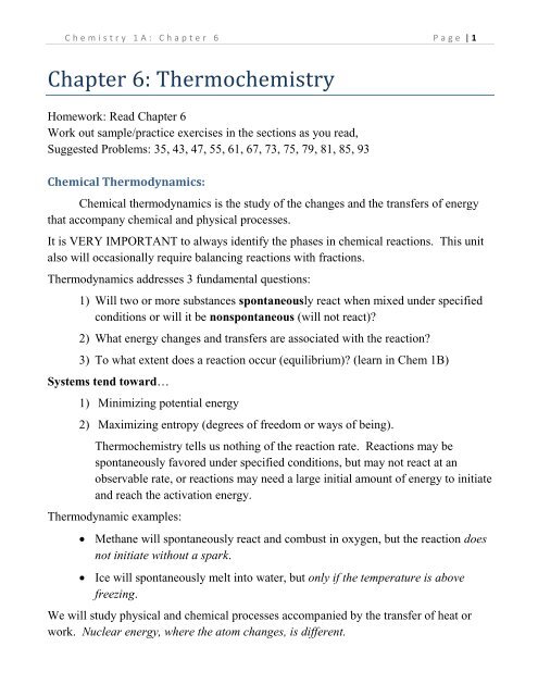 Unit 3: Chapter 6: Thermochemistry - Moorpark College