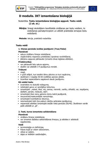 Testu izmantoÅ¡ana bioloÄ£ijas apguvÄ. Testu veidi
