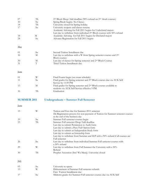 2010-2011 ACADEMIC CALENDAR - AUK