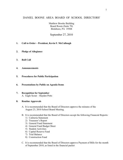 09-27-10 School Board Agenda - Daniel Boone Area School District