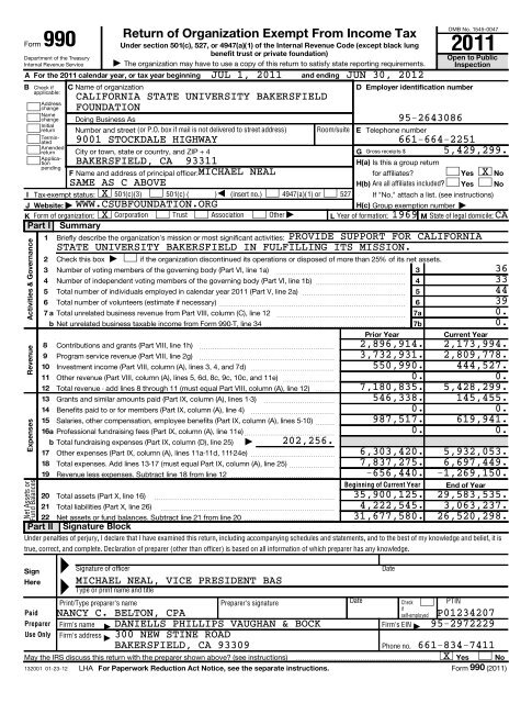 Form 990 - 2011 (2012 YE) - CSUB Foundation