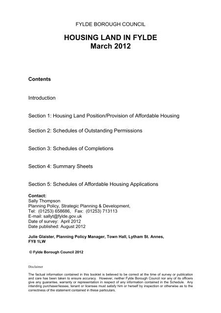 Housing Land Availability Schedule 2012 - Fylde Borough Council