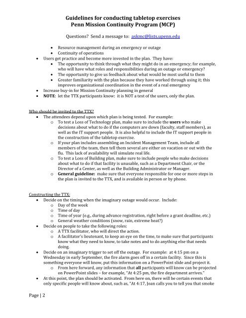 Guidelines for conducting tabletop exercises Penn Mission ...