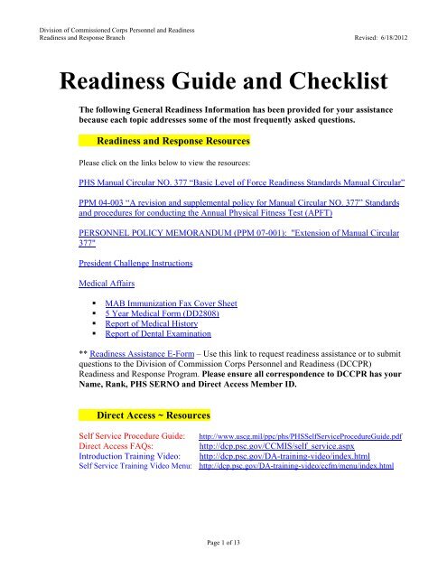 Readiness Guide And Checklist Ccrf