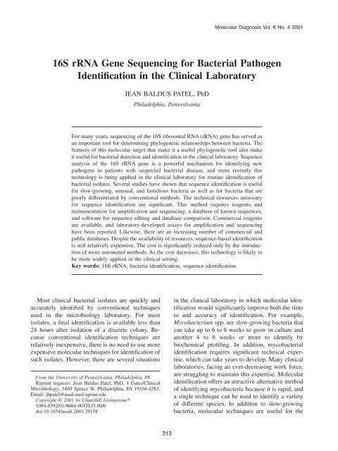 16S rRNA Gene Sequencing for Bacterial Pathogen Identification in ...