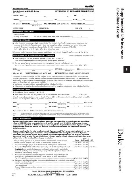 Supplemental Life Insurance Enrollment Form Duke Human 
