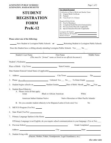 STUDENT REGISTRATION FORM PreK-12 - Lexington Public Schools