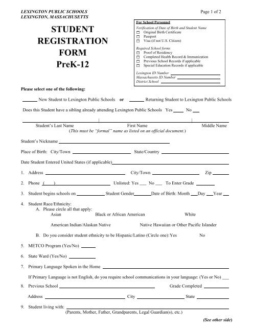 STUDENT REGISTRATION FORM PreK-12 - Lexington Public Schools