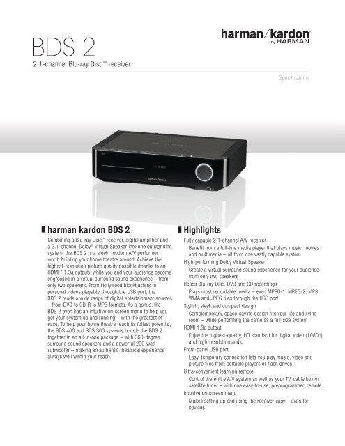 Specification Sheet - BDS 2 - Harman Kardon