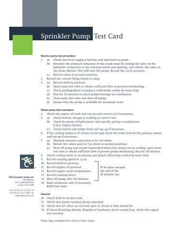 Sprinkler Fire Pump Test Card