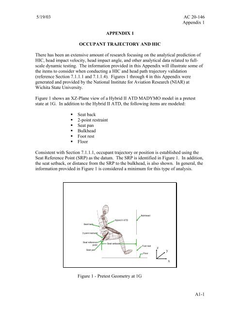 Appendix 1 - Occupant Trajectory and HIC - FAA