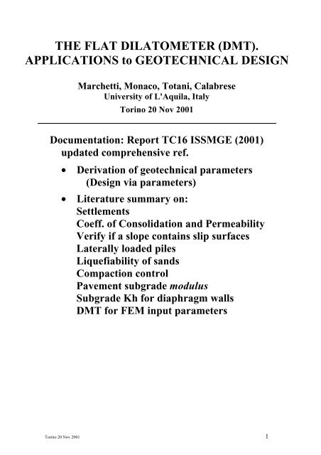 APPLICATIONS to GEOTECHNICAL DESIGN - Marchetti DMT