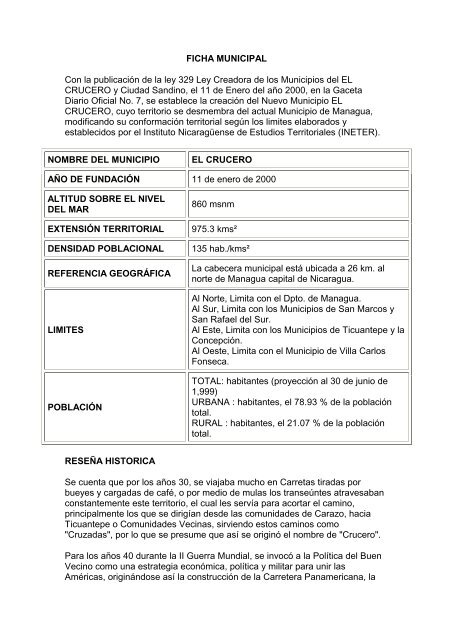 FICHA MUNICIPAL Con la publicaciÃ³n de la ley 329 Ley Creadora ...