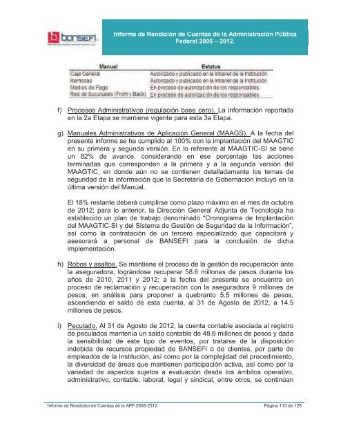 Informe de RendiciÃ³n de Cuentas 2006-2012 - Bansefi