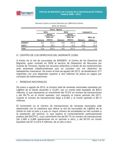 Informe de RendiciÃ³n de Cuentas 2006-2012 - Bansefi