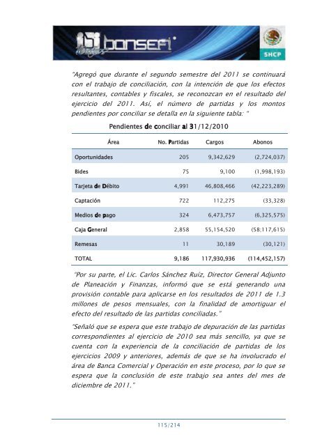 Informe de RendiciÃ³n de Cuentas 2006-2012 - Bansefi