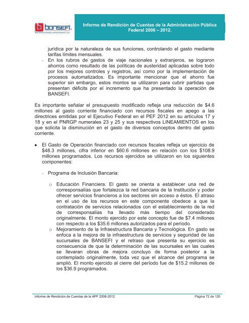 Informe de RendiciÃ³n de Cuentas 2006-2012 - Bansefi