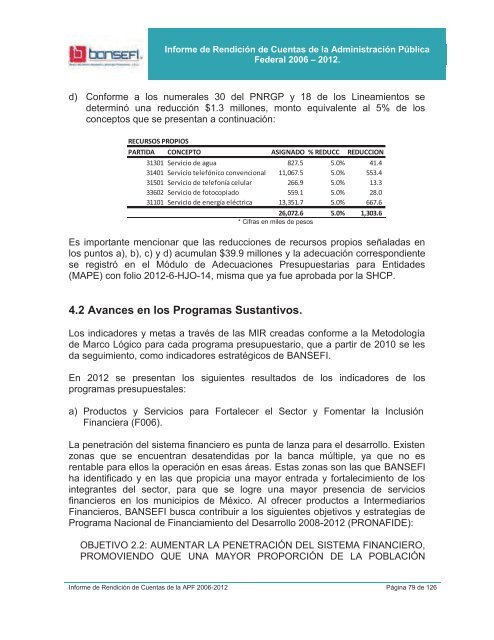 Informe de RendiciÃ³n de Cuentas 2006-2012 - Bansefi