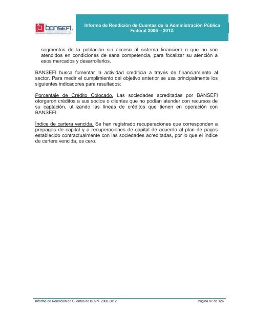 Informe de RendiciÃ³n de Cuentas 2006-2012 - Bansefi