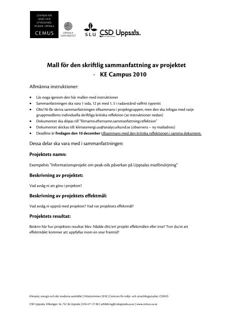 Mall Sammanfattning Kritisk Reflektion Csd Uppsala