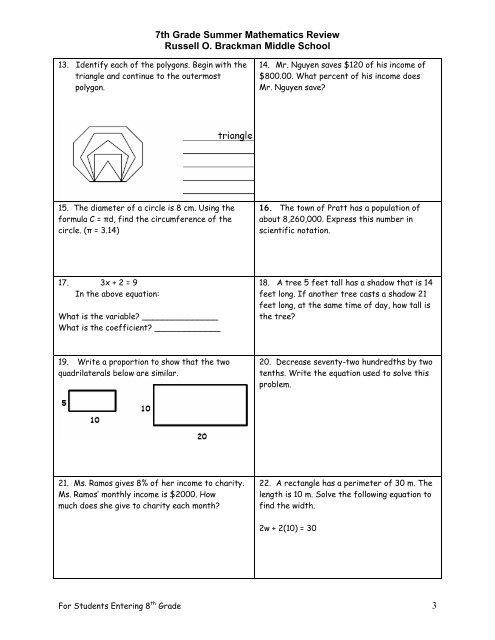 Incoming 8th Grade Math Packet