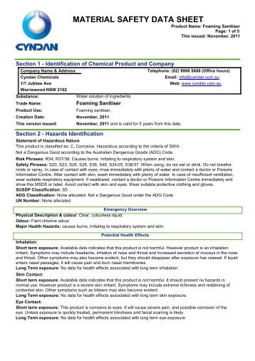 Foaming Sanitiser - MSDS - CYNDAN Chemicals