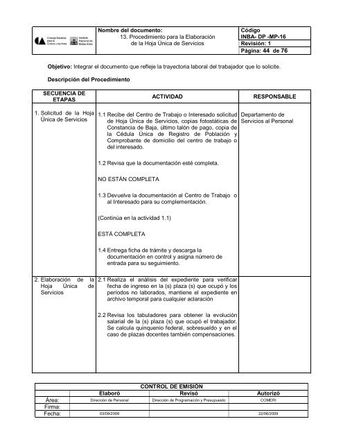 Procedimiento para la hoja Ãºnica de servicios - Instituto Nacional de ...