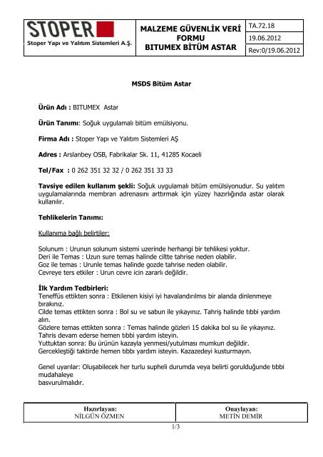 MSDS Bitumen Primer - Issue Date : October 2008 - Bitumex.com.tr