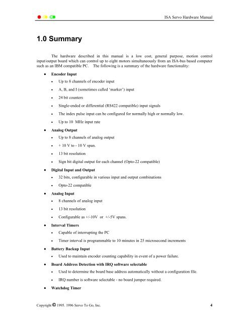 ISA Bus Servo I/O Card Hardware Manual