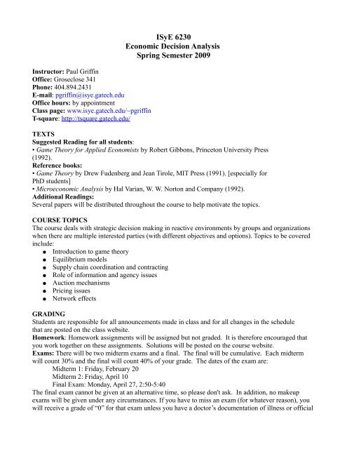 ISyE 6230 Economic Decision Analysis Spring Semester 2009