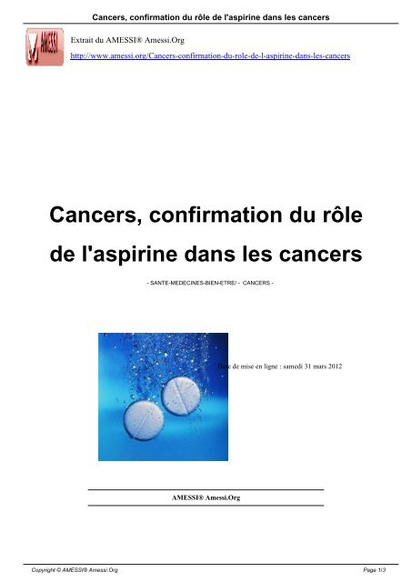 Cancers, confirmation du rÃ´le de l'aspirine dans les cancers - Amessi