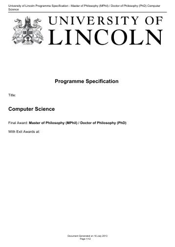 University of Lincoln Programme Specification