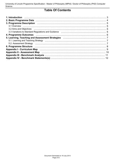 University of Lincoln Programme Specification