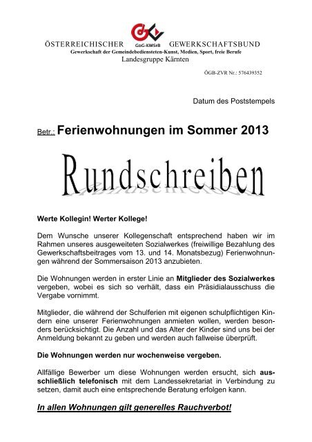 Betr.: Ferienwohnungen im Sommer 2013 - Klagenfurt