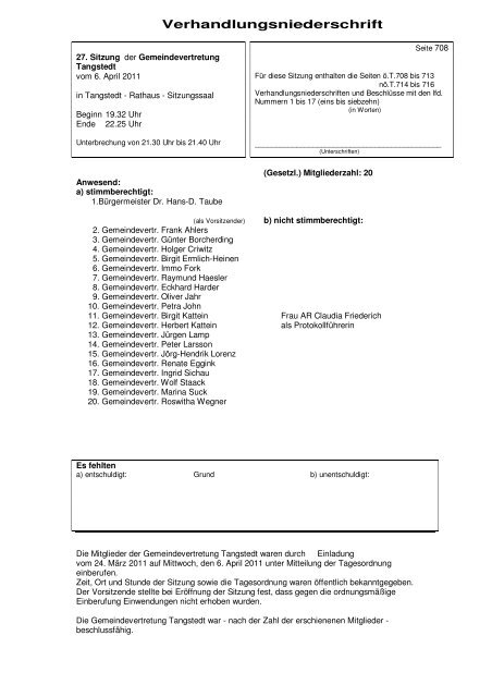 Verhandlungsniederschrift - Gemeinde Tangstedt